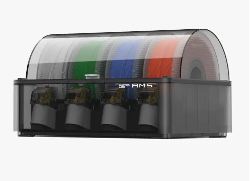 AMS da Bambu Lab, a caixa de quatro rolos que troca a cor do filamento sozinha, usada na impressora 3D Bambu Lab P1S