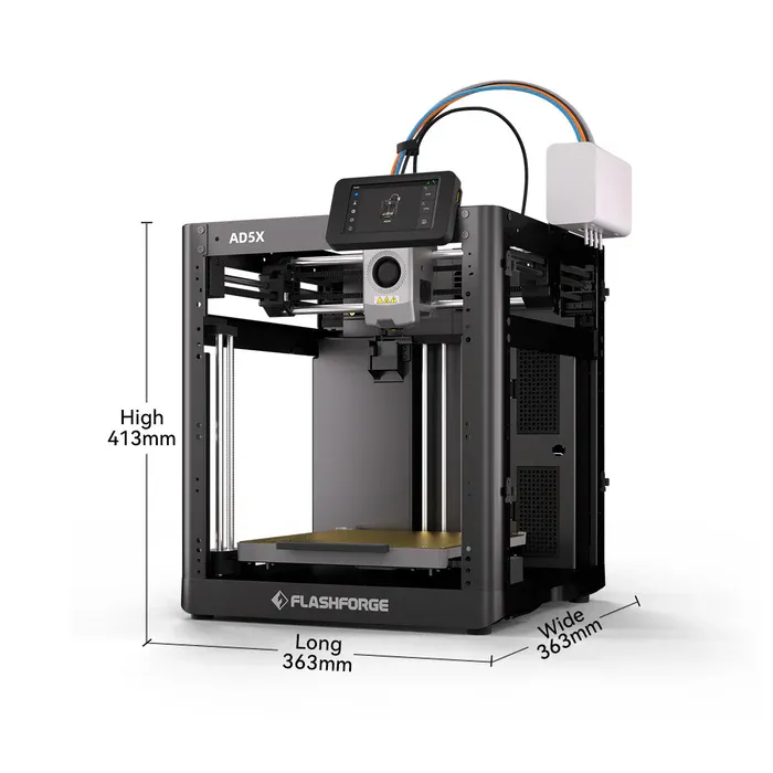 Diagrama de dimensões externas da impressora 3D Flashforge AD5X: 413 mm de altura, 363 mm de largura e 363 mm de profundidade
